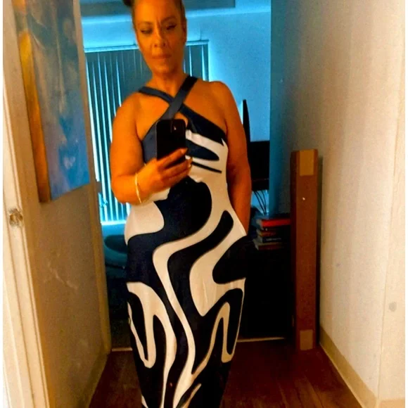 desirable dream navy blue satin jacquard halter neck midi dress Sandrine Jacquard Midi Dress in Daisy Jacquard Blue main image 1